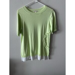 Lisa Todd Women's L Cotton Sweater Tunic Top Layered Hem Short Sleeve Green